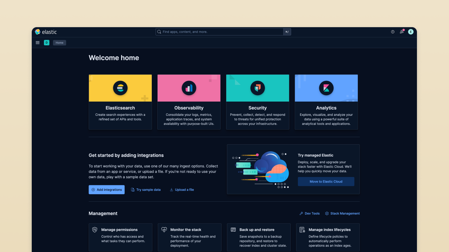 Current Kibana home page with only static content