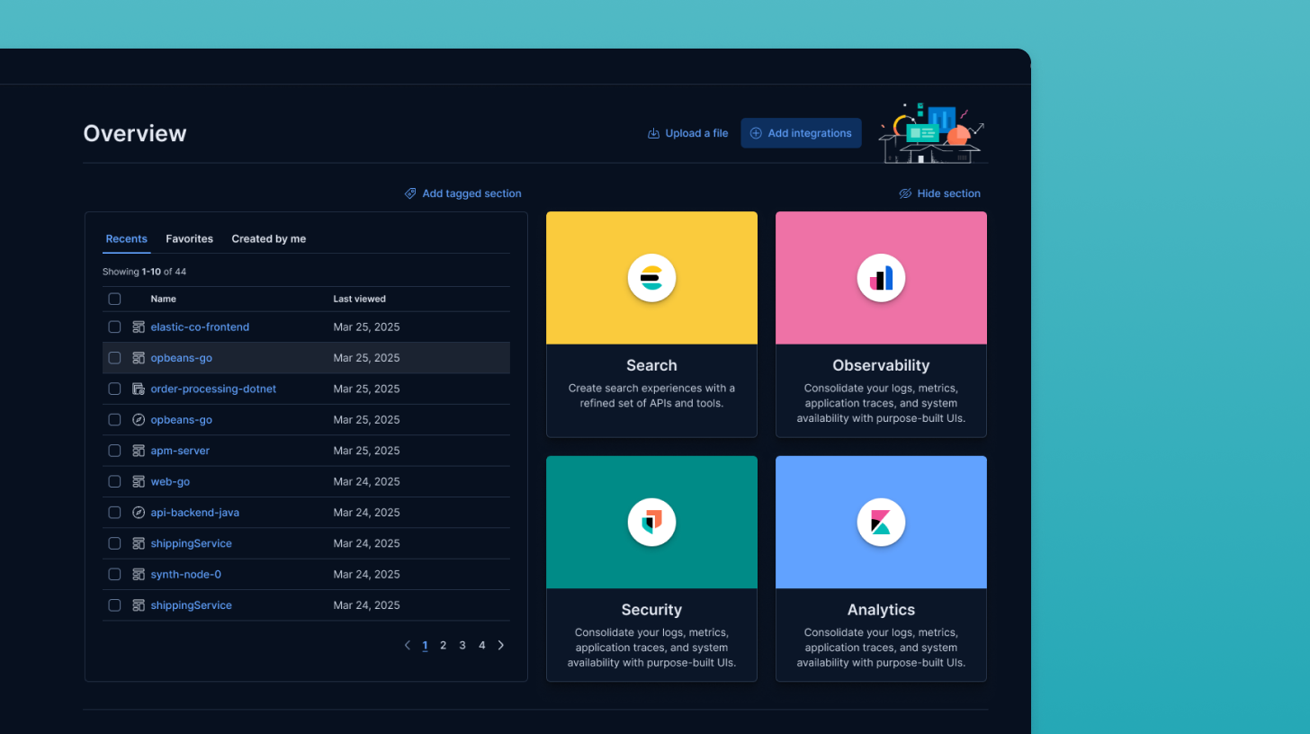 Redesigned Kibana home page with dynamic content