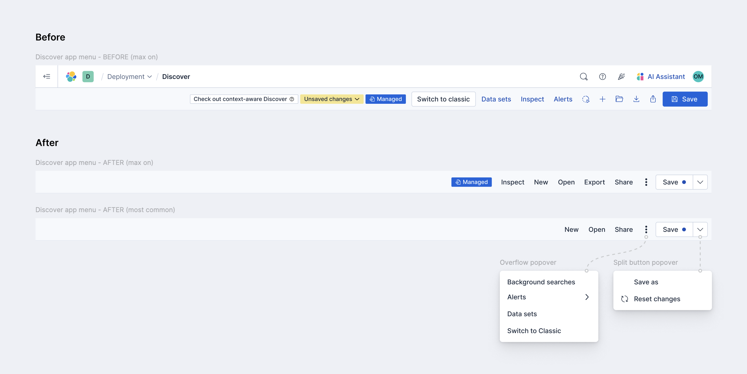 Kibana app menu before and after redesign. The redesigned menu is clearer, more spacious, and shows improved organization.